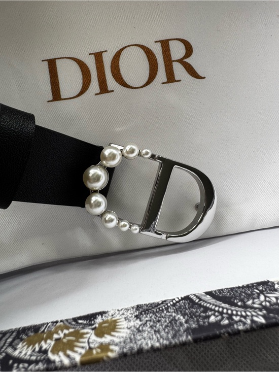 Dior Accessories - Women CD Pearl-Embellished-Silver Black Leather Belt with box Dior